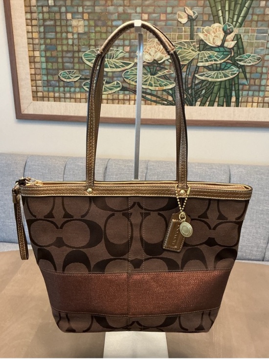 Coach Handbags - Coach Y2K Signature Stripe Tote Bag Dark Brown Metallic Bronze Trim F13548 EUC